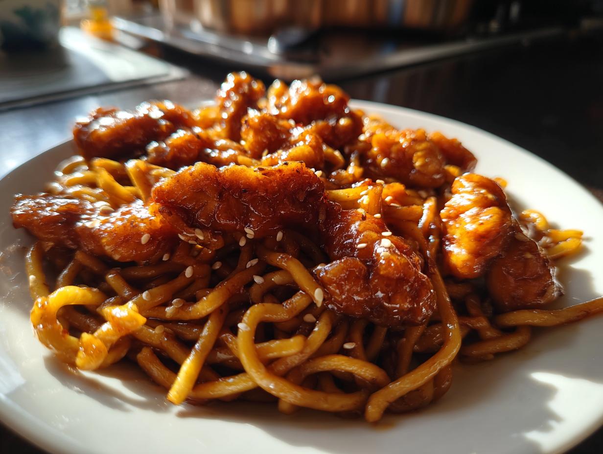 A close-up of sticky garlic chicken noodles on a white plate, garnished with sesame seeds.