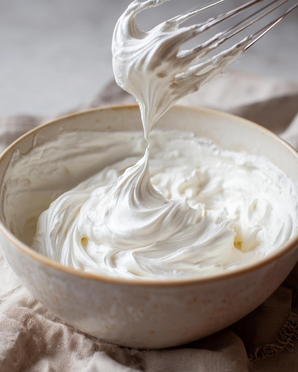 Close up of stiff peaks forming in a bowl while mixing a white royal icing recipe with a wire whisk.