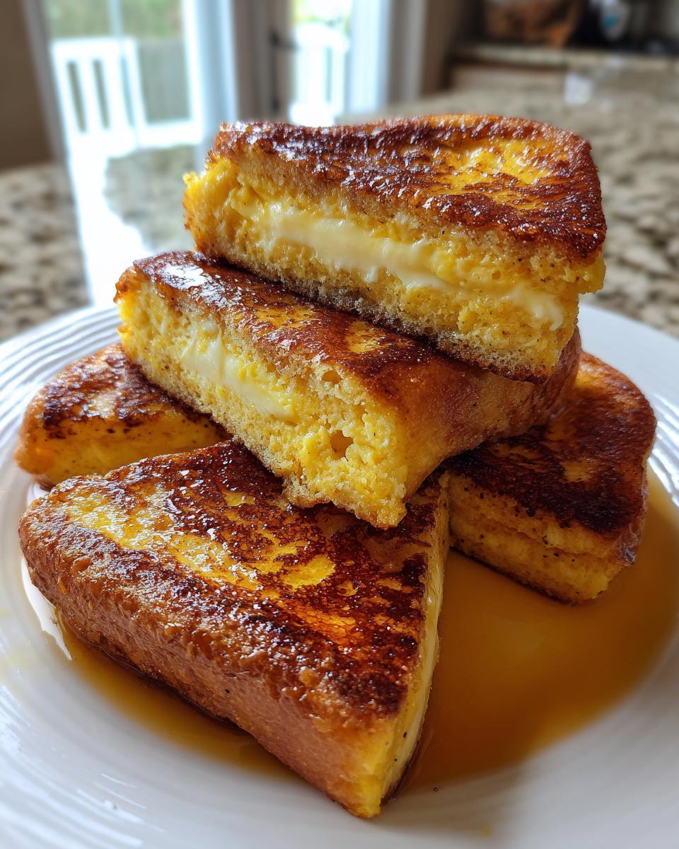 A stack of golden brown, stuffed french toast pieces drizzled with syrup on a white plate.