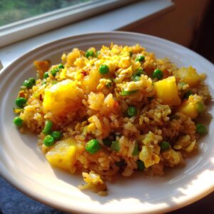 A close-up of a serving of vibrant pineapple fried rice mixed with bright green peas and scrambled egg on a white plate.