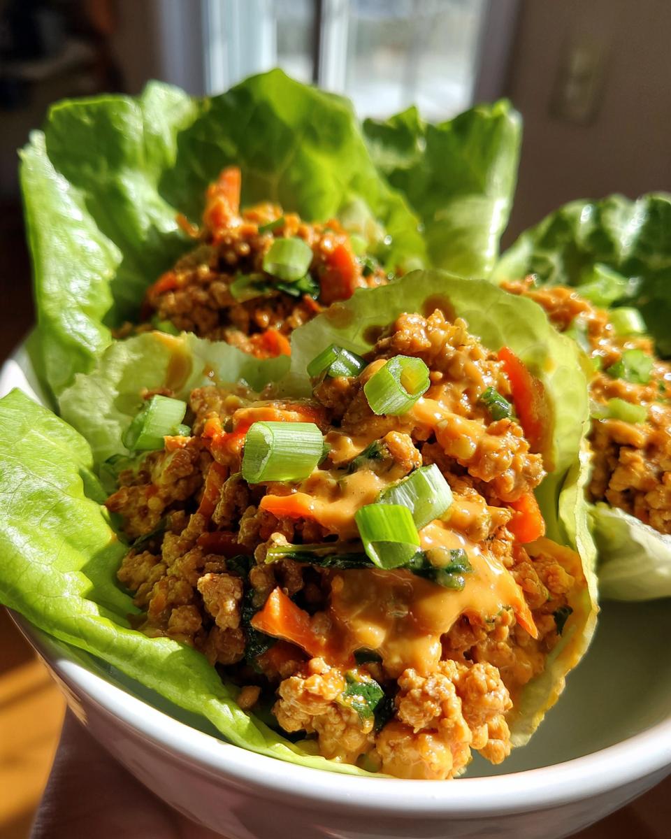 Close-up of flavorful thai chicken lettuce wraps filled with ground chicken, vegetables, and topped with peanut sauce and scallions.