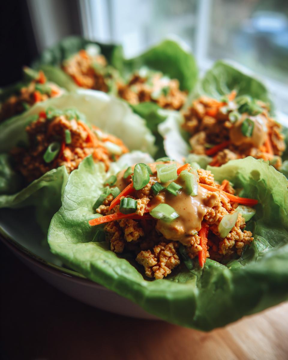 A close-up view of several thai chicken lettuce wraps filled with seasoned ground chicken, shredded carrots, and peanut sauce.