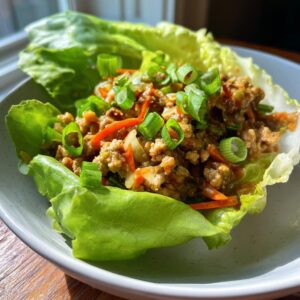 A single serving of thai chicken lettuce wraps filled with savory ground chicken and topped with fresh green onions.