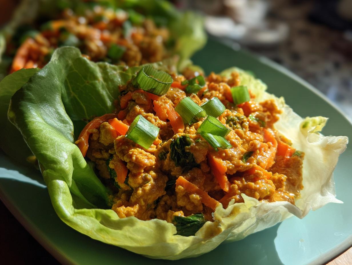Close-up of vibrant thai chicken lettuce wraps filling with carrots and green onions in a crisp lettuce cup.