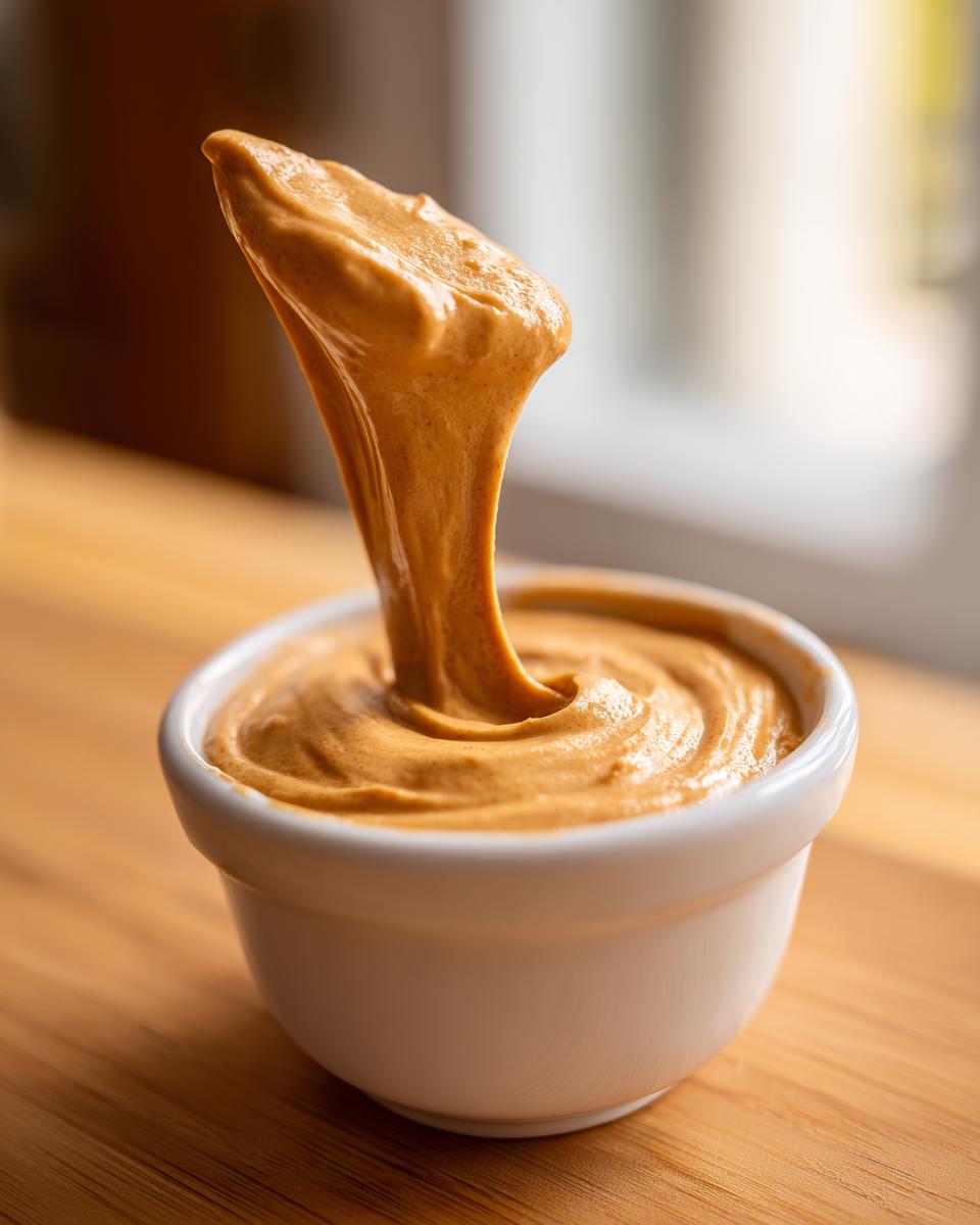 A close-up shot showing thick, creamy peanut sauce being lifted from a small white bowl.