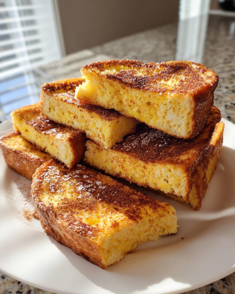 A tall stack of thick-cut, golden brown french toast dusted with cinnamon and powdered sugar.