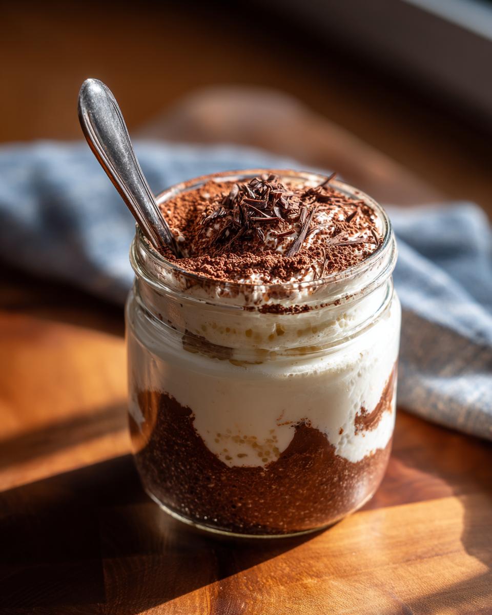 A close-up of tiramisu chia pudding in a glass jar, topped with whipped cream, cocoa powder, and chocolate shavings.