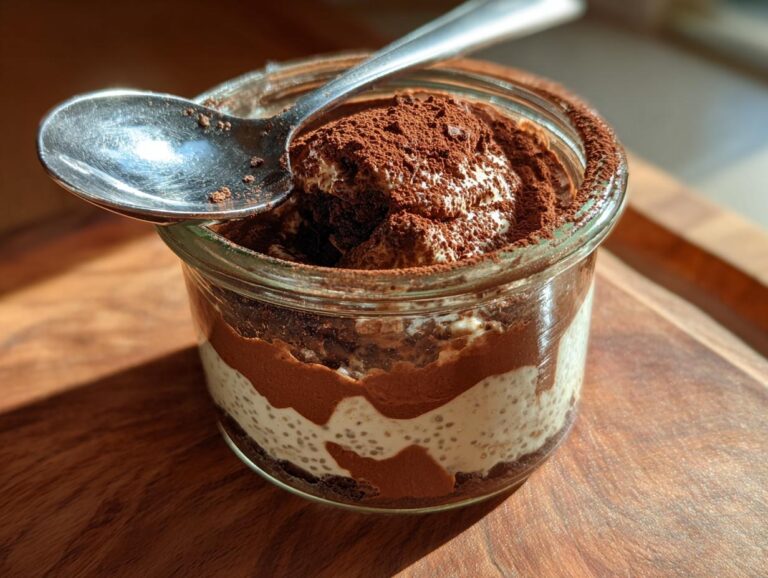 Close-up of a layered tiramisu chia pudding in a glass jar, topped with cocoa powder and a spoon.