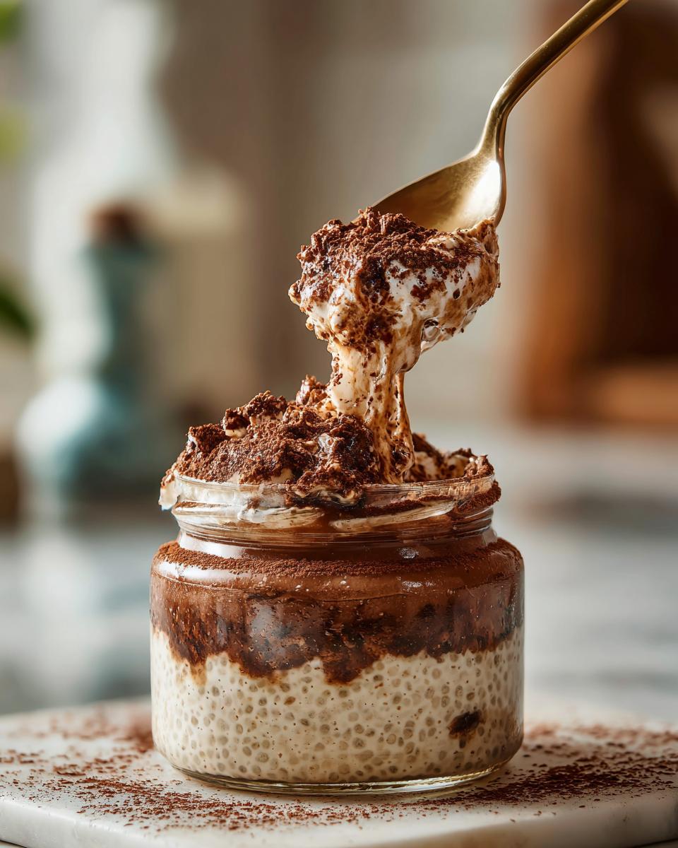 A spoonful of creamy tiramisu chia pudding with cocoa powder being lifted from a glass jar.