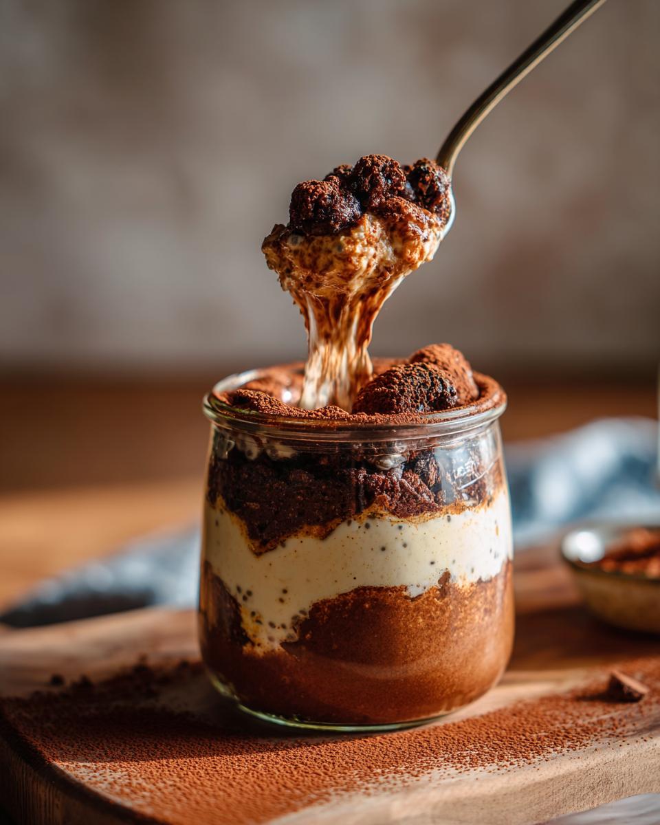 A spoonful of tiramisu chia pudding being lifted from a glass jar, showing layers of chocolate, cream, and chia seeds.