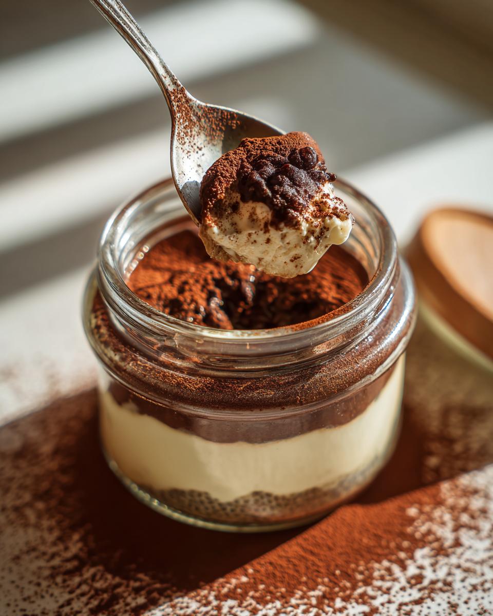 A spoonful of decadent tiramisu chia pudding, showing layers of cream and cocoa powder.