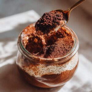 A spoonful of tiramisu chia pudding topped with cocoa powder, taken from a glass jar.