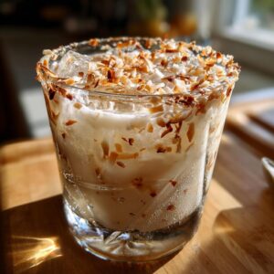 A delicious Toasted Coconut White Russian cocktail in a glass, rimmed with toasted coconut flakes and filled with ice.