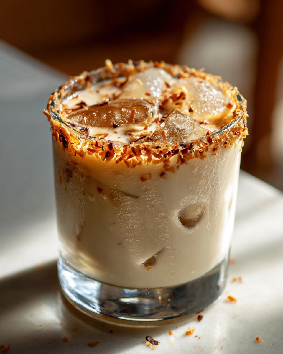 A close-up of a Toasted Coconut White Russian cocktail in a glass, rimmed with toasted coconut and filled with ice.