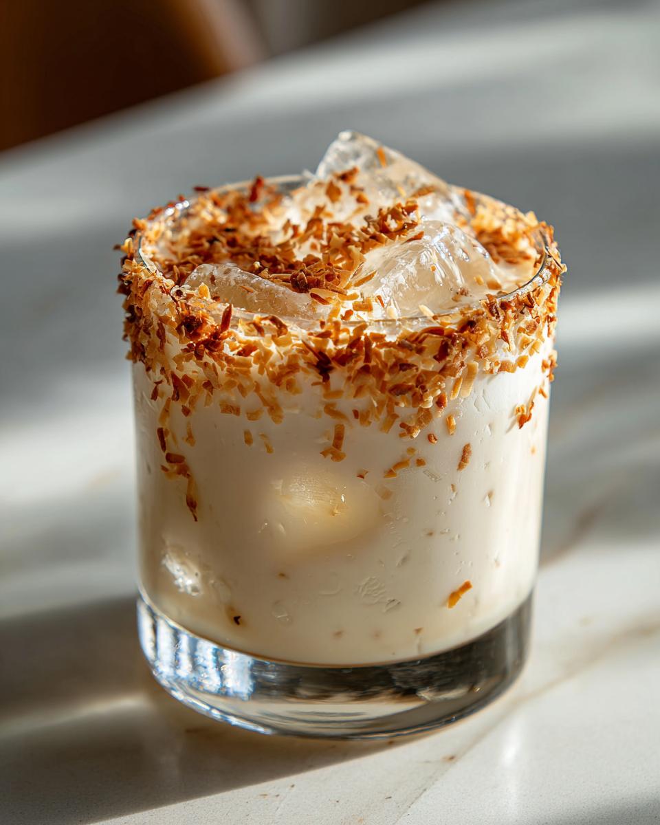A close-up of a Toasted Coconut White Russian cocktail in a glass, rimmed with toasted coconut and filled with ice.