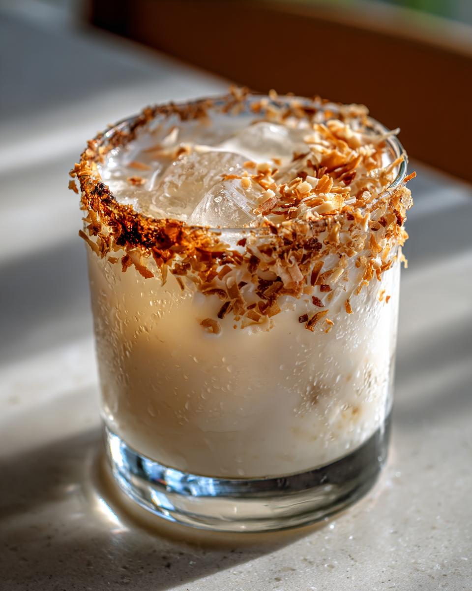 A close-up of a Toasted Coconut White Russian cocktail in a glass with ice and a rim of toasted coconut flakes.