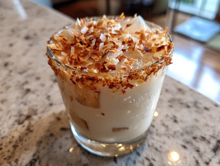 A delicious Toasted Coconut White Russian cocktail in a glass, rimmed with toasted coconut and ice.