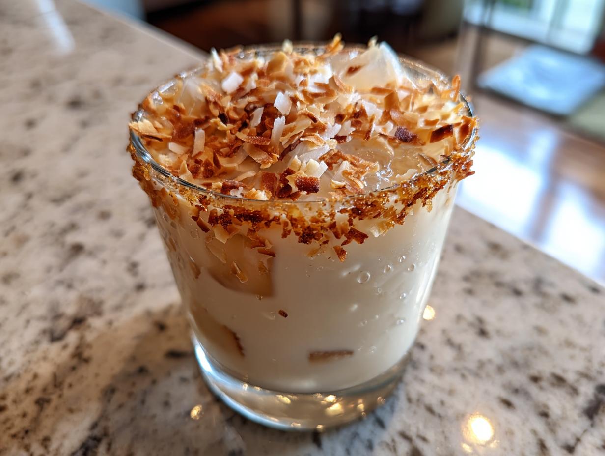 A delicious Toasted Coconut White Russian cocktail in a glass, rimmed with toasted coconut and ice.
