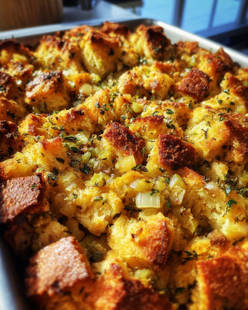 Close-up of a baking dish filled with golden-brown traditional Thanksgiving stuffing, featuring bread cubes, celery, and herbs.