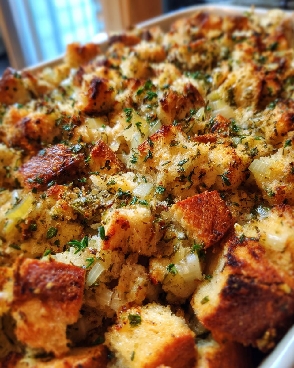 Close-up of a golden-brown traditional Thanksgiving stuffing with visible bread cubes, onions, and herbs.
