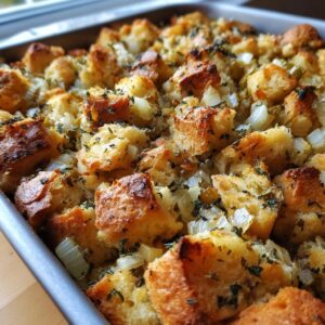 Close-up of a baking dish filled with golden-brown traditional Thanksgiving stuffing, featuring cubes of bread, onions, and herbs.