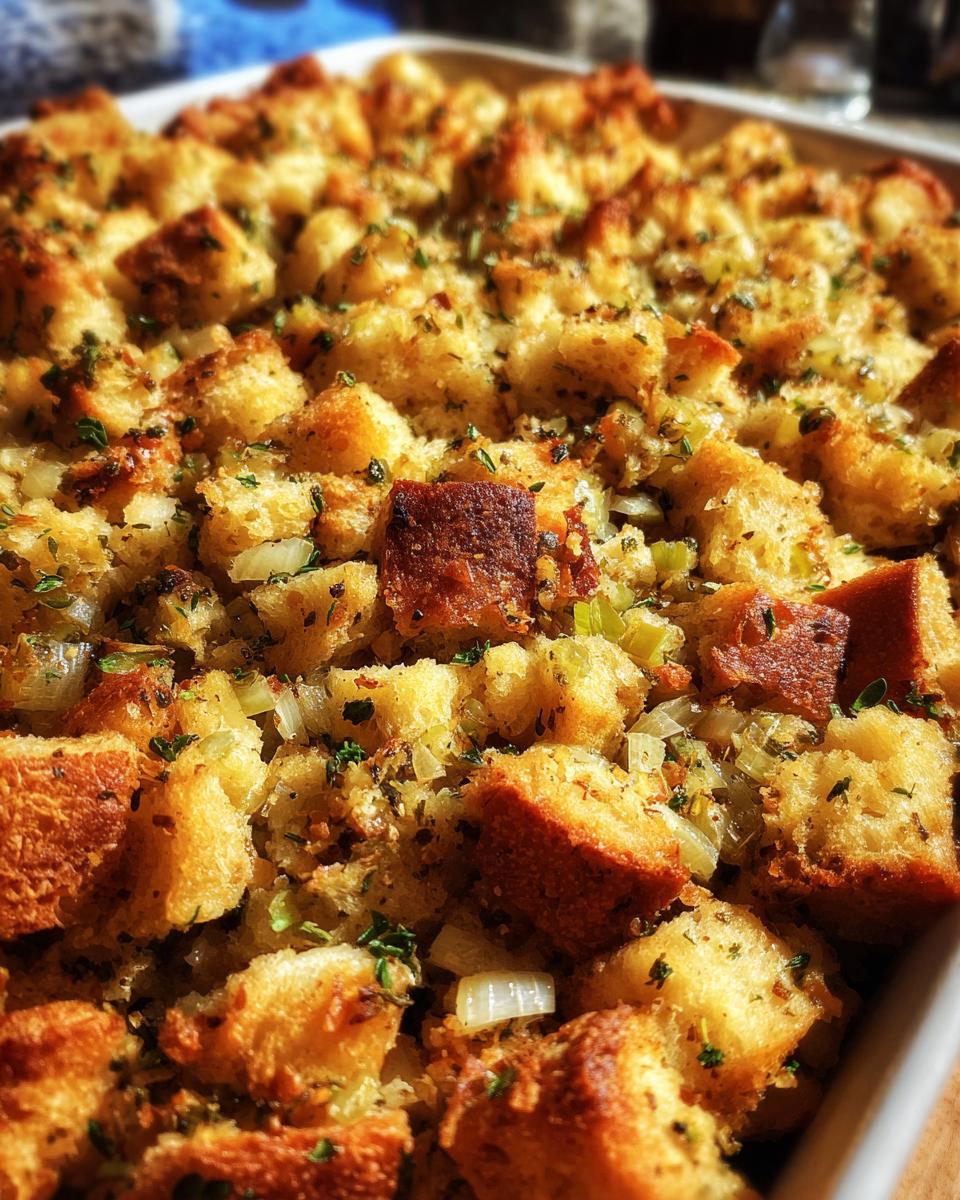 Close-up of a baking dish filled with golden-brown traditional Thanksgiving stuffing, featuring bread cubes, celery, and herbs.