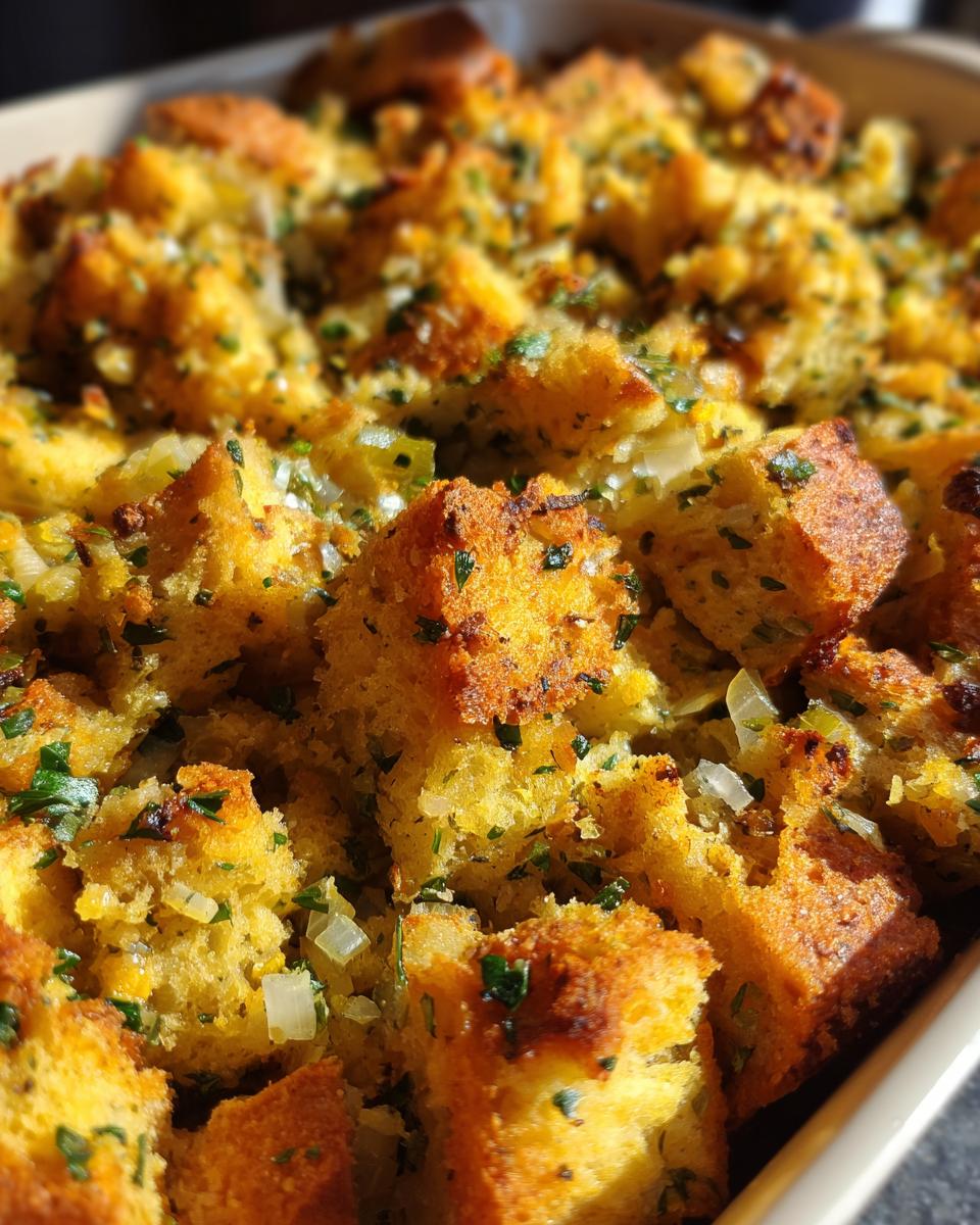 Close-up of a baking dish filled with golden-brown traditional Thanksgiving stuffing, studded with herbs and onions.