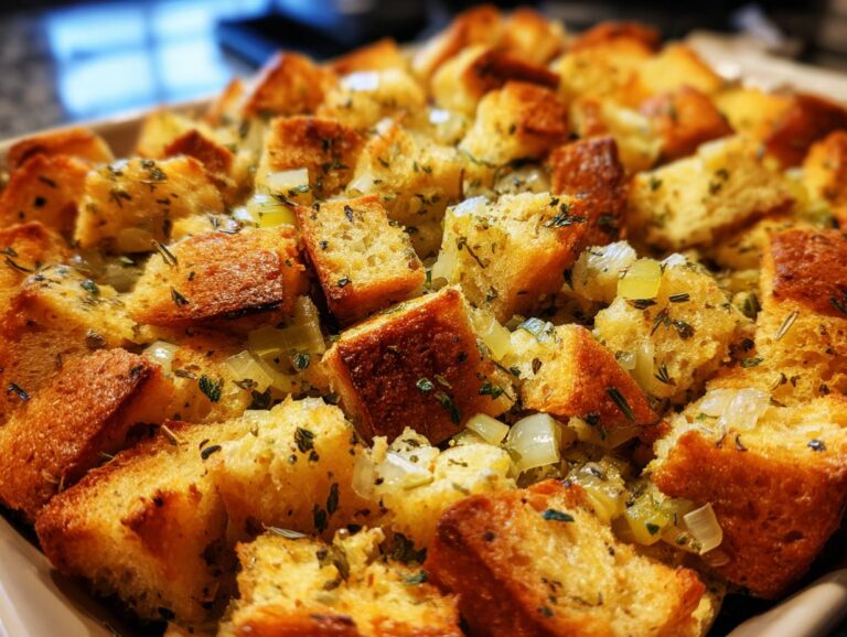 Close-up of golden-brown cubes of bread in a dish of traditional Thanksgiving stuffing with visible herbs and onions.