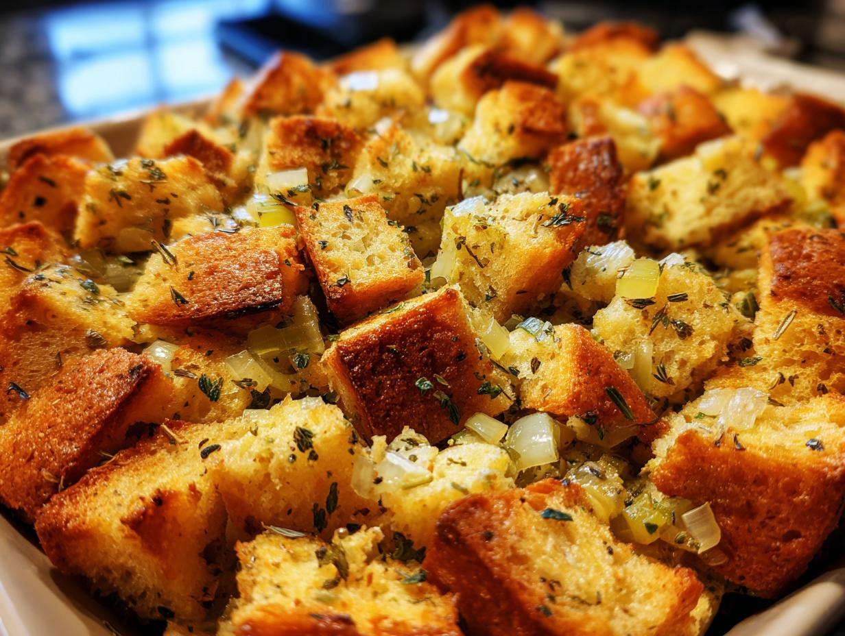 Close-up of golden-brown cubes of bread in a dish of traditional Thanksgiving stuffing with visible herbs and onions.
