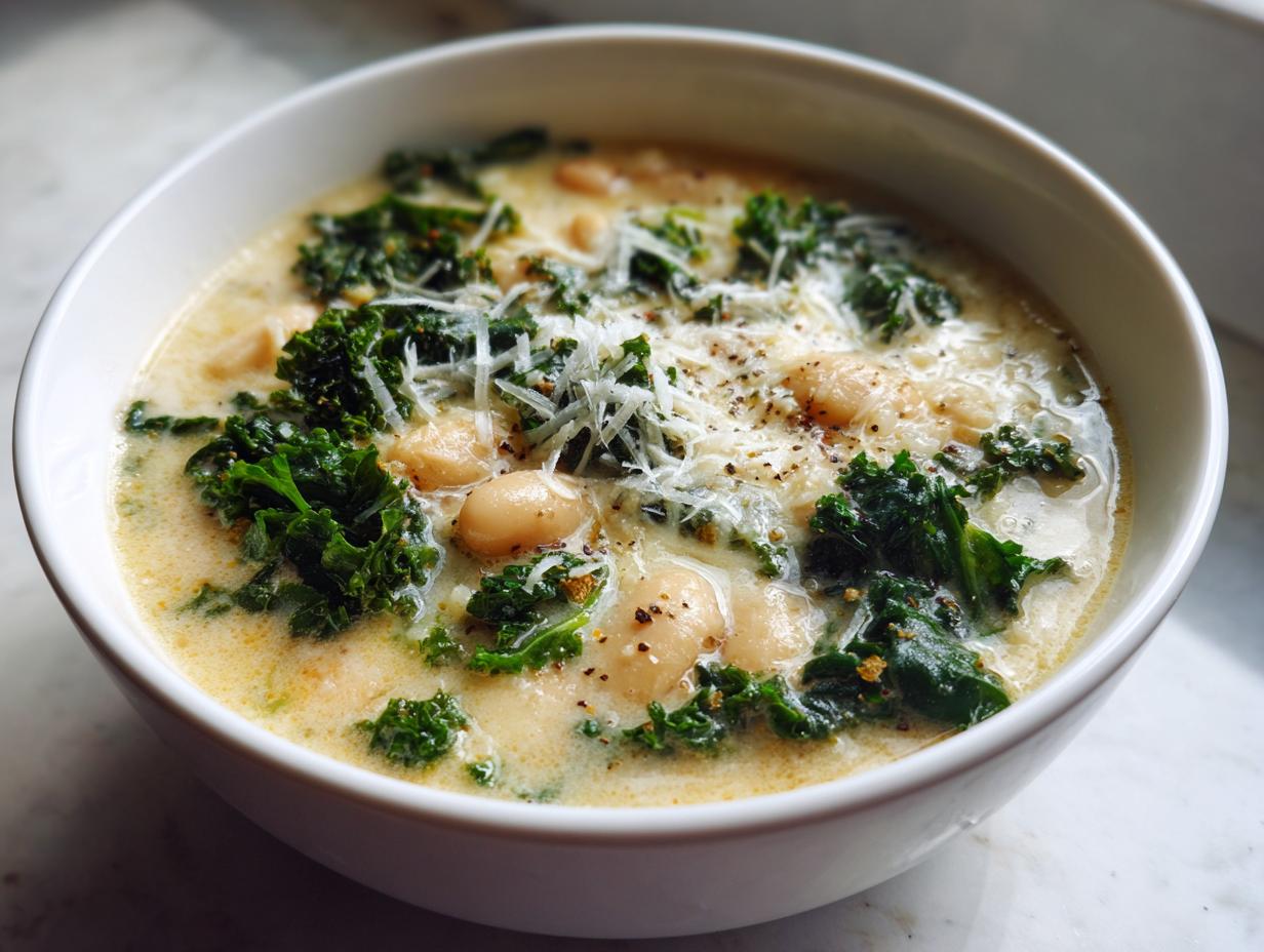 A close-up of a bowl of creamy Tuscan white bean soup, topped with dark green kale, grated Parmesan, and black pepper.