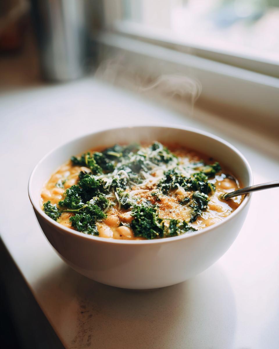 A steaming white bowl filled with Tuscan white bean soup, topped with dark green kale and grated cheese.