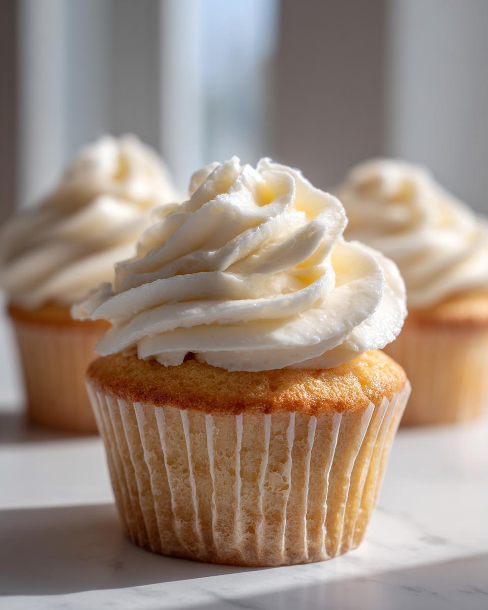 A close-up of a perfectly baked vanilla cupcake topped with a swirl of white vanilla frosting.