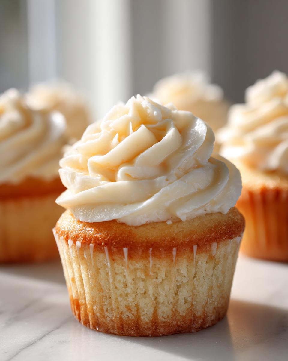 Close-up of a moist vanilla cupcake topped with a swirl of creamy white vanilla frosting.