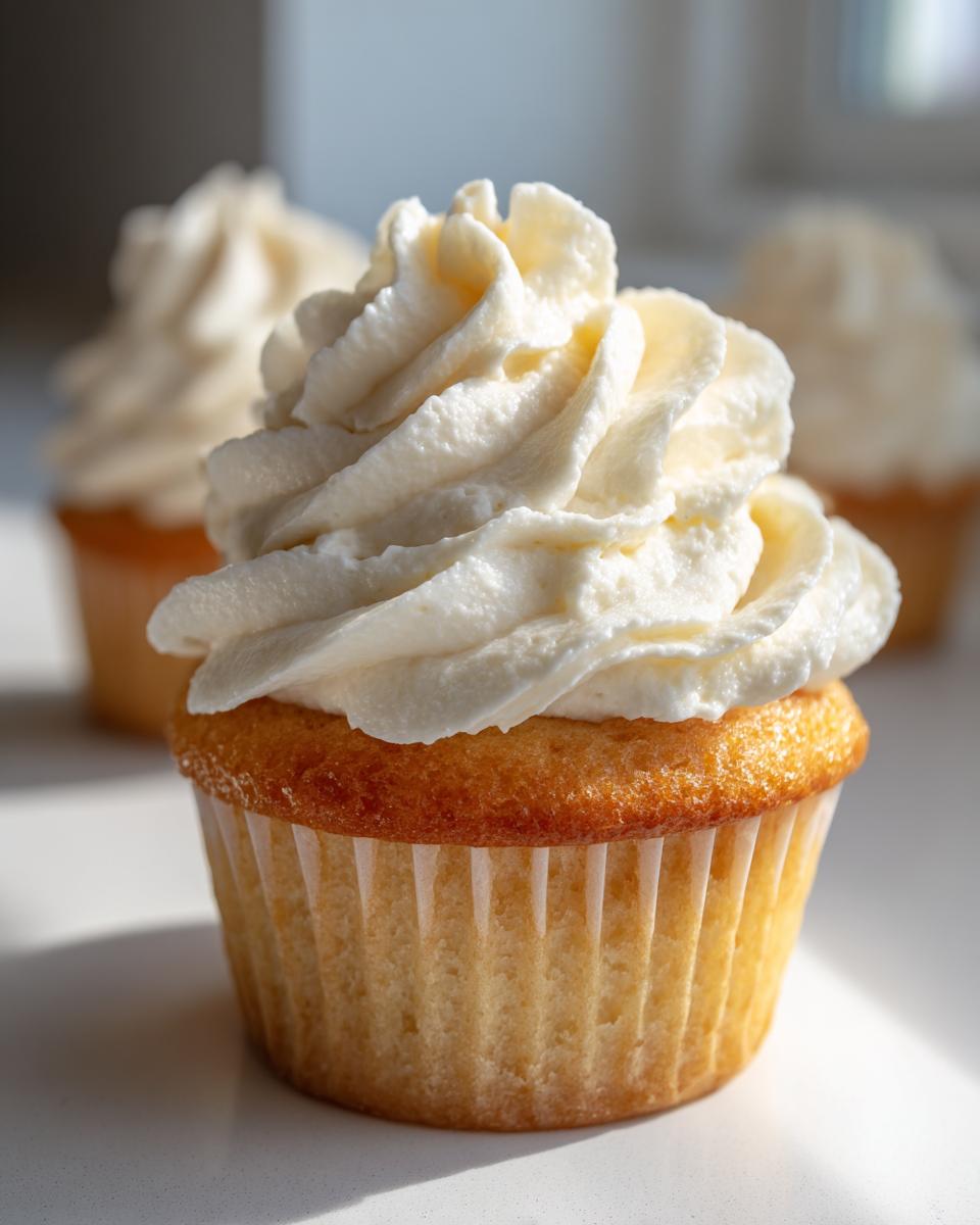 Close-up of a perfectly baked vanilla cupcake topped with a generous swirl of white buttercream frosting.
