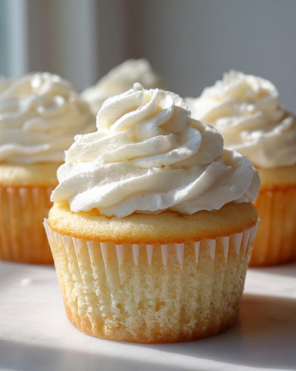 Close-up of a perfectly baked vanilla cupcake topped with a generous swirl of white buttercream frosting.