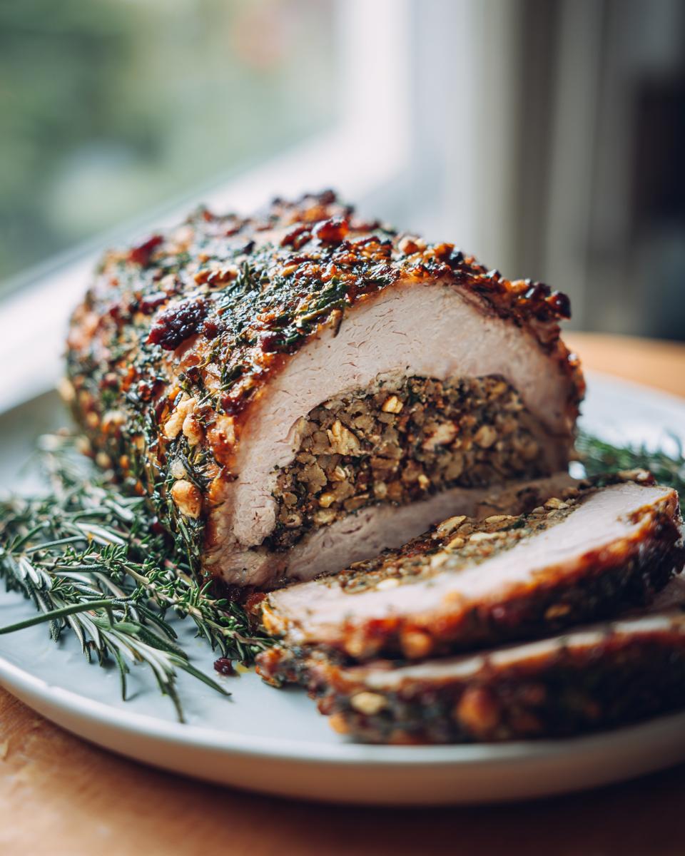 A sliced Vegan Christmas Roast with a herb and nut crust, served on a plate with rosemary.