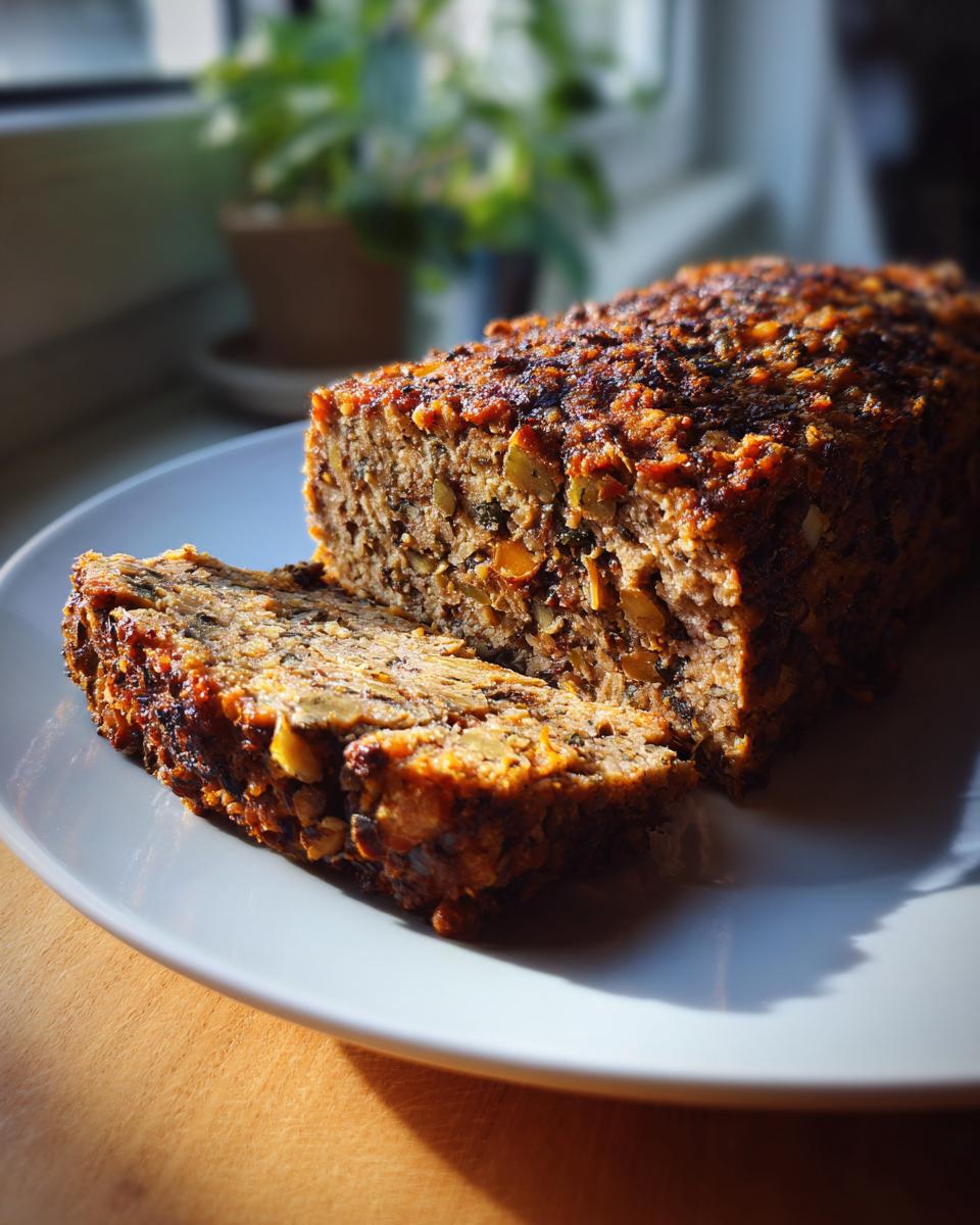 A sliced Vegan Christmas Roast loaf with visible nuts and vegetables on a white plate.