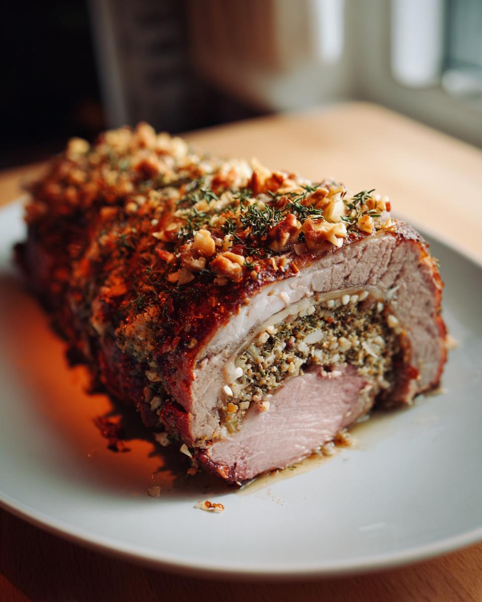 A slice of Vegan Christmas Roast, showcasing a savory stuffing and a crispy nut and herb crust.