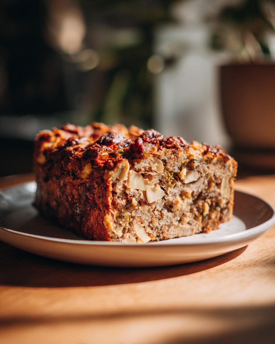 A slice of hearty Vegan Christmas Roast with visible nuts and herbs, served on a light-colored plate.