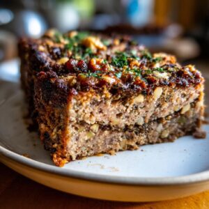 A close-up of a slice of Vegan Christmas Roast, showcasing its layered texture with visible nuts and a fresh parsley garnish.