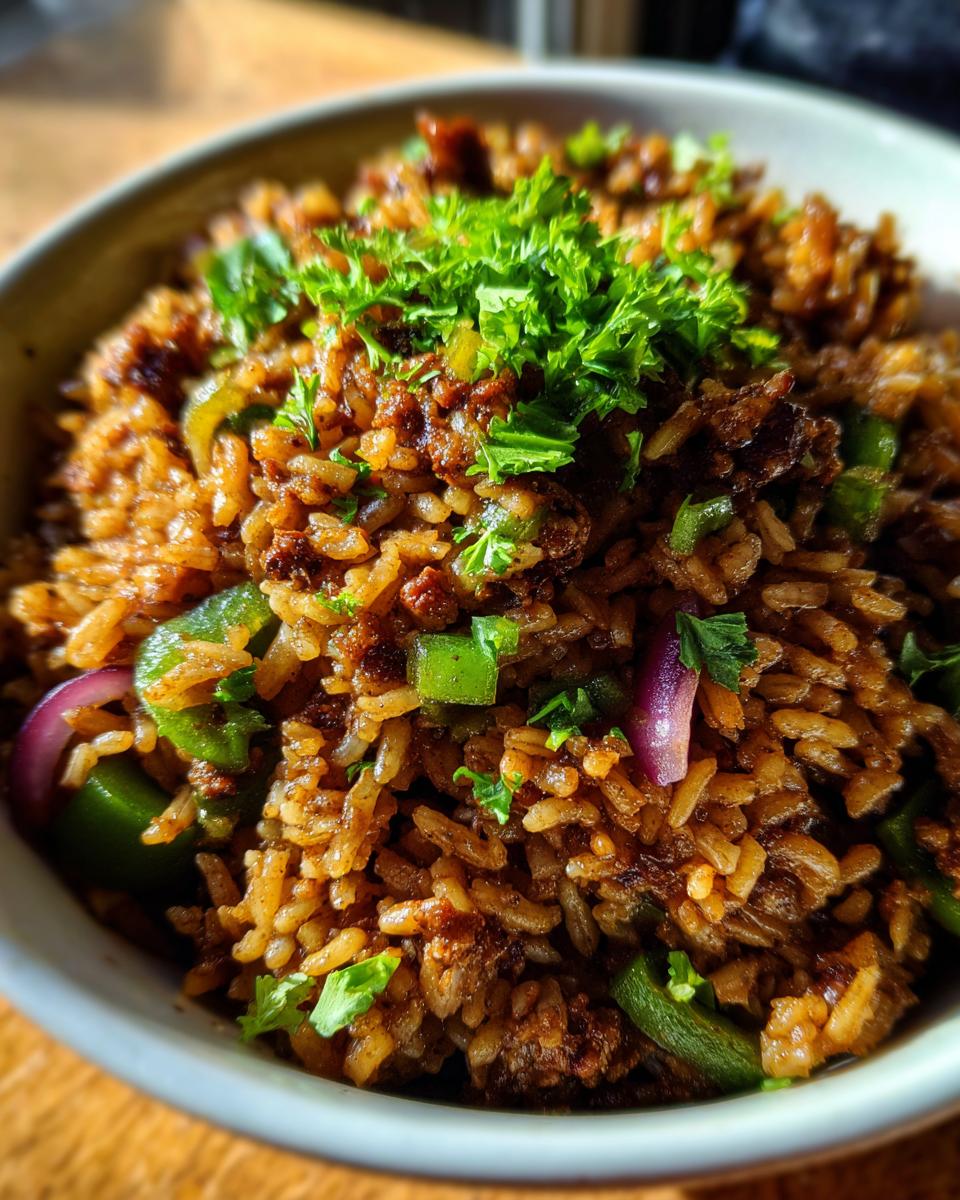 A close-up of a bowl filled with flavorful Vegan Dirty Rice, featuring rice, vegetables, and herbs.