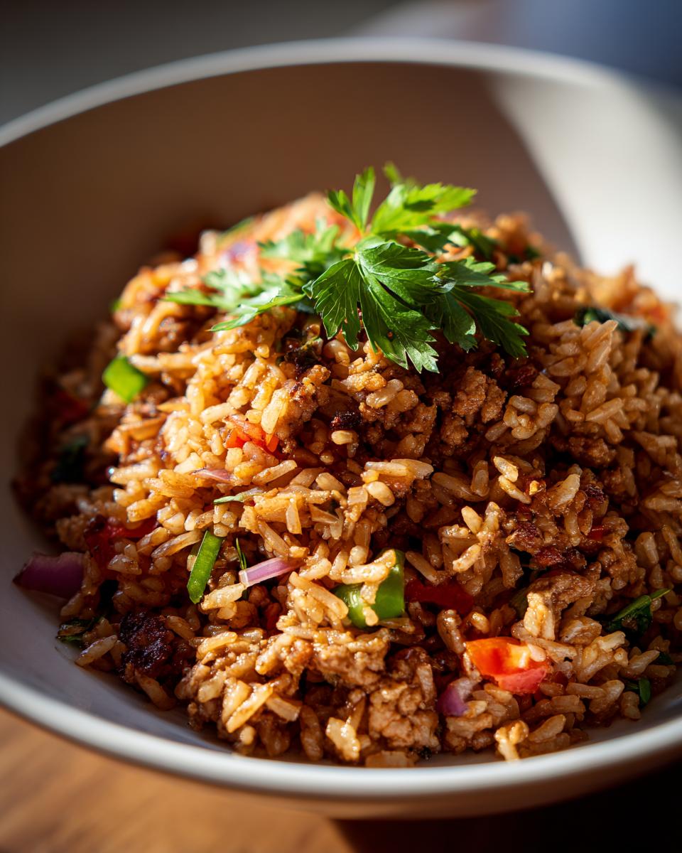 A close-up of a bowl filled with delicious Vegan Dirty Rice, garnished with fresh parsley.