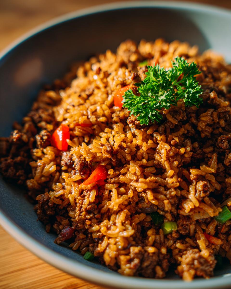 A close-up of a bowl filled with savory Vegan Dirty Rice, garnished with fresh parsley and red bell peppers.