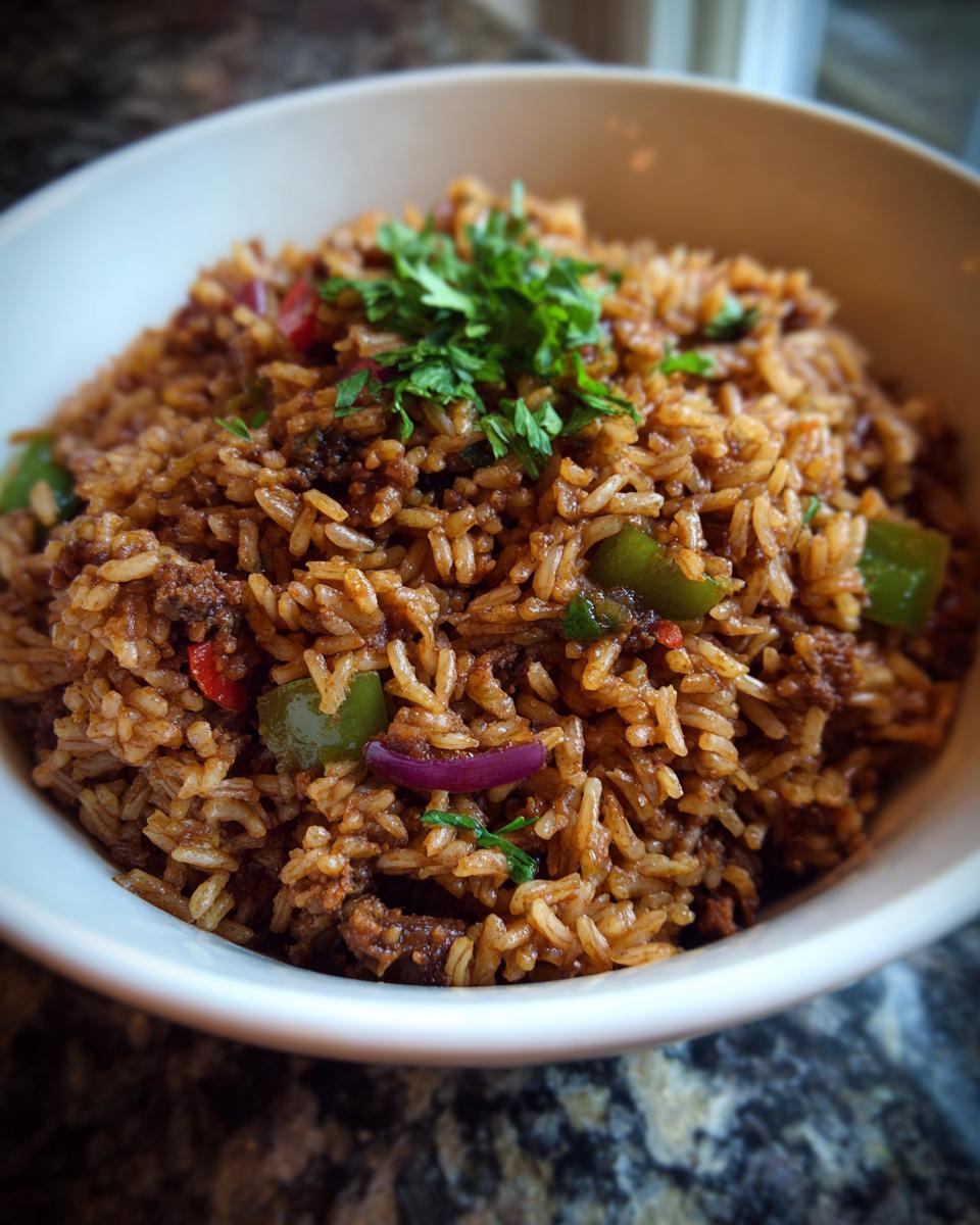 A close-up of a white bowl filled with flavorful Vegan Dirty Rice, garnished with fresh parsley.