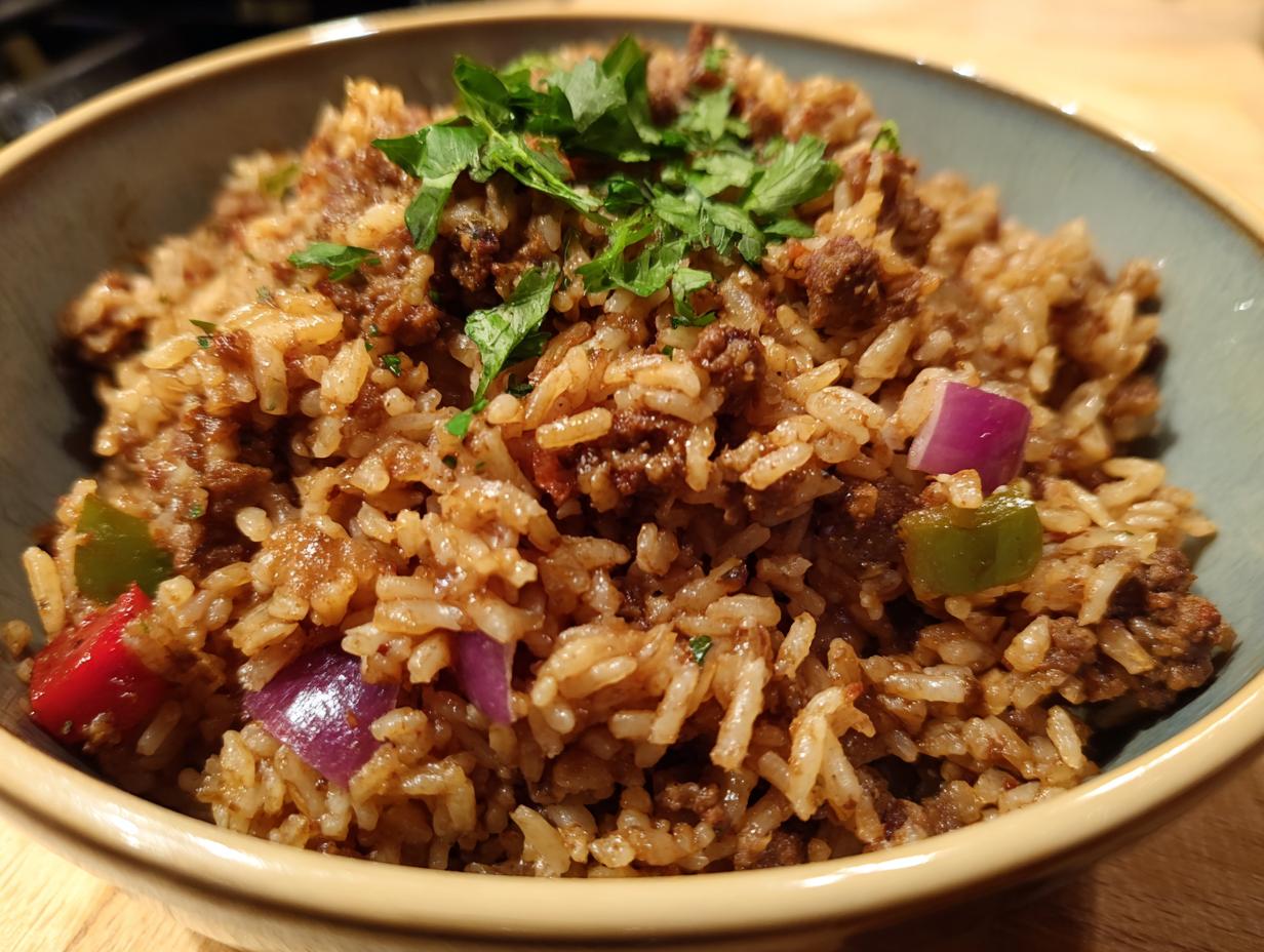 A close-up of a bowl of delicious Vegan dirty rice, featuring rice, plant-based crumbles, red onion, green bell pepper, and fresh parsley.
