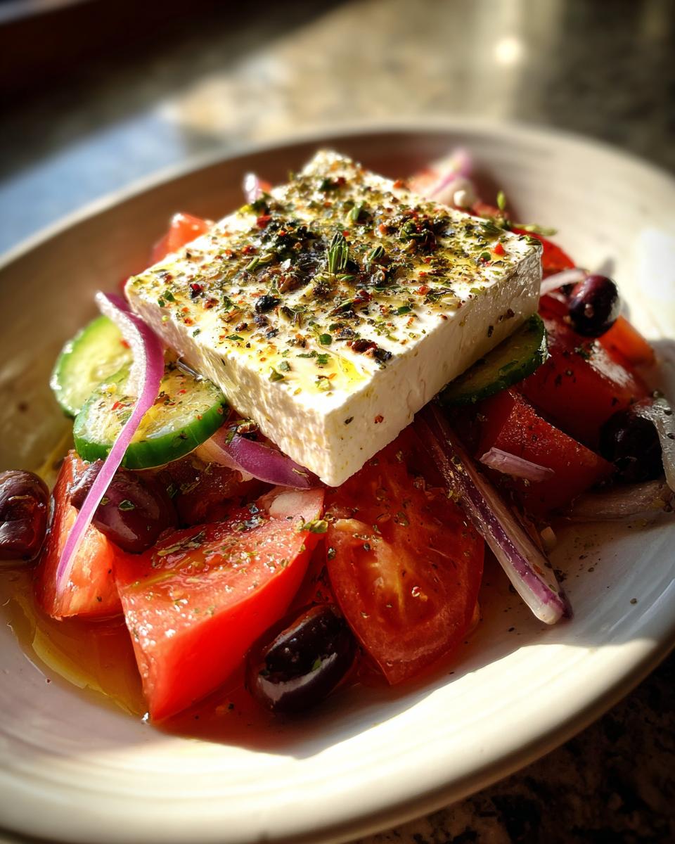 Close-up of a vibrant greek salad topped with a thick block of feta cheese seasoned with herbs.
