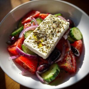 A vibrant bowl of greek salad featuring a large block of feta cheese seasoned with herbs and olive oil.