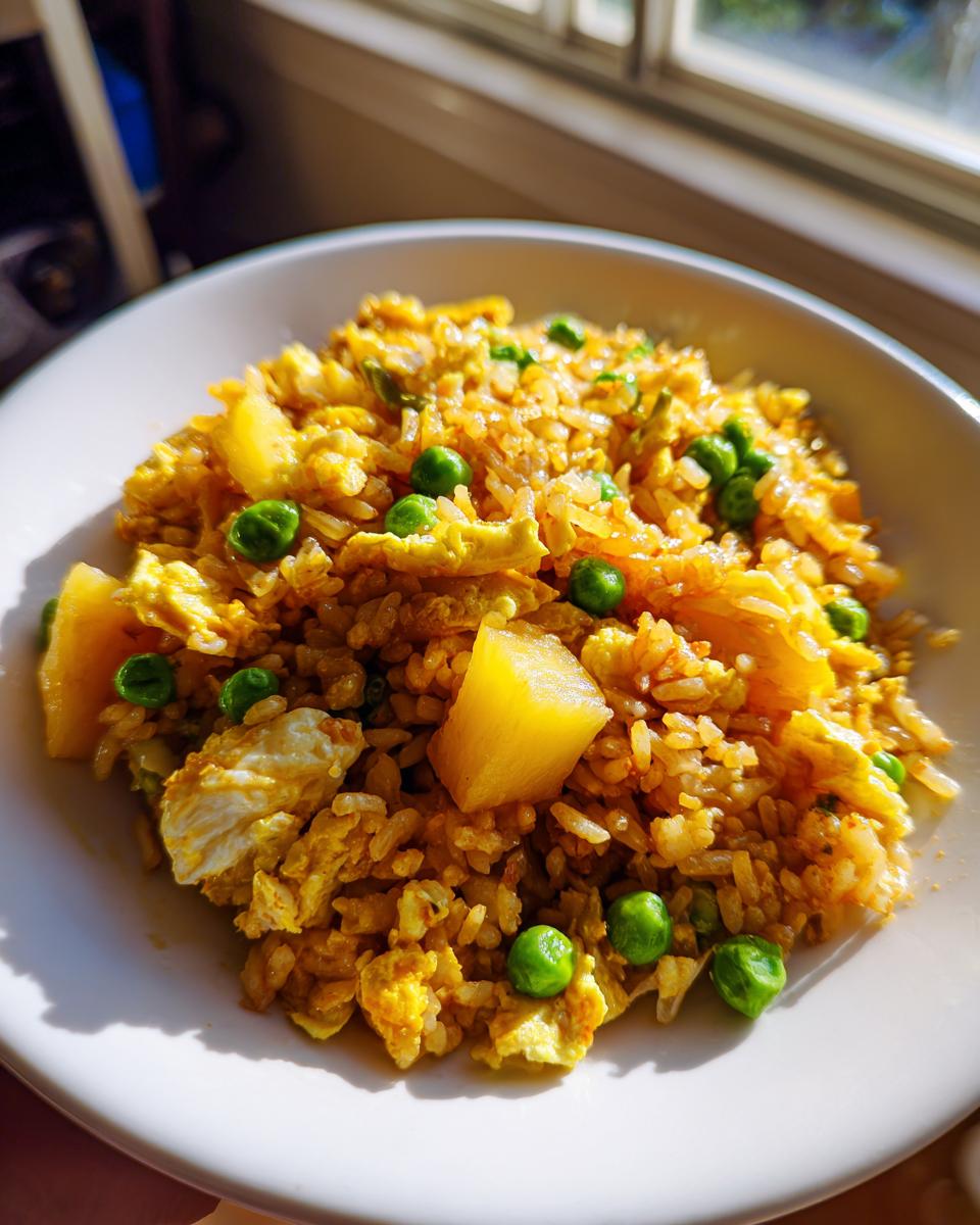A bowl of vibrant, golden pineapple fried rice mixed with chunks of pineapple, green peas, and scrambled egg.