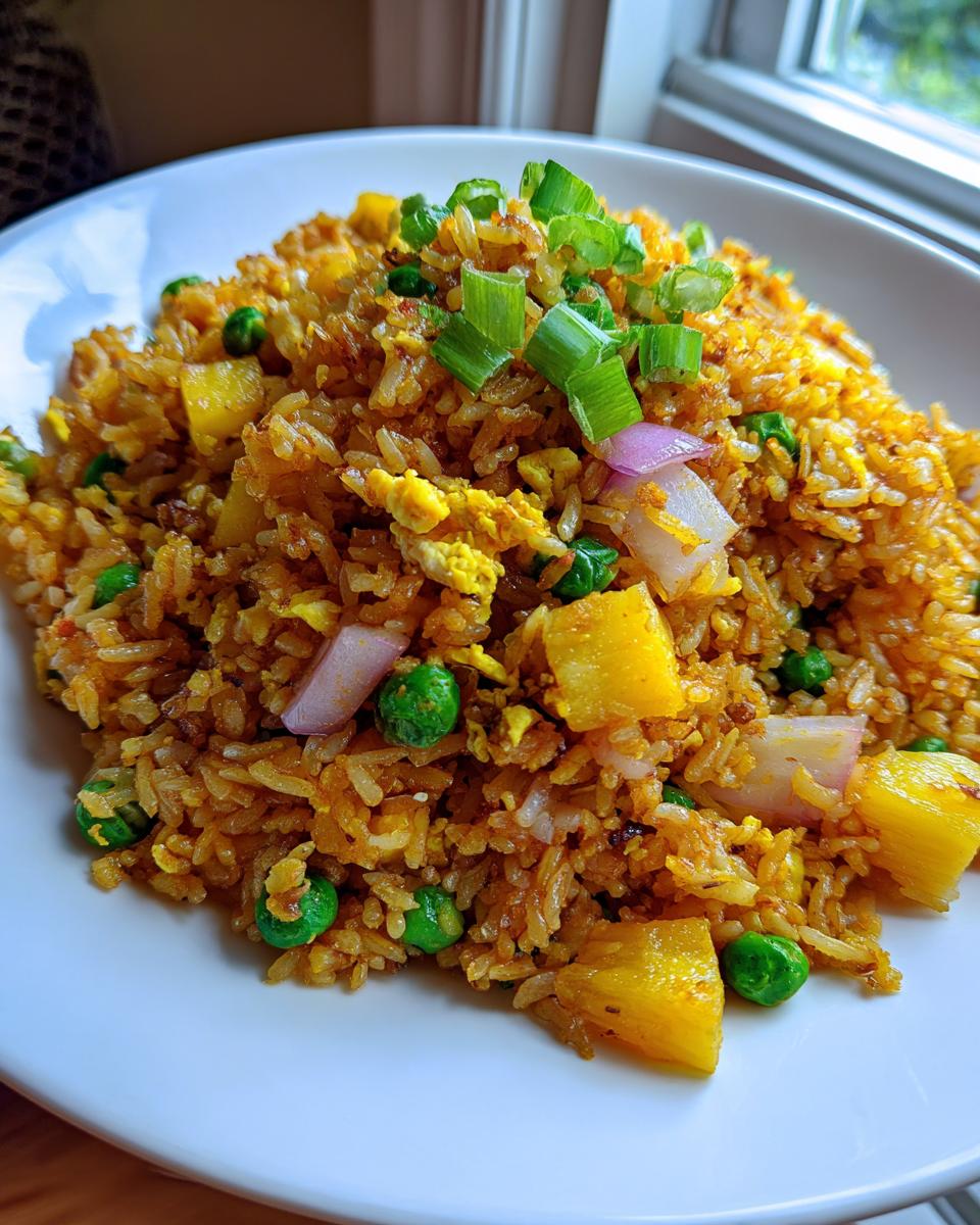 Close-up of vibrant pineapple fried rice featuring chunks of pineapple, green peas, egg, and topped with fresh scallions.