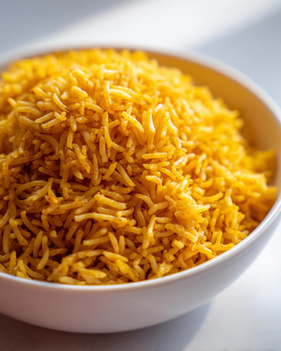 Close-up of fluffy, bright yellow turmeric rice served in a white bowl.
